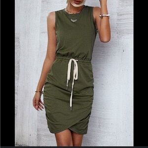 Olive Green Ruched Sleeveless Drawstring Dress